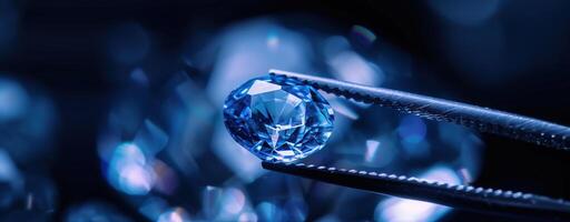 Close up of a sparkling blue diamond held by tweezers against a deep blue blurred background photo