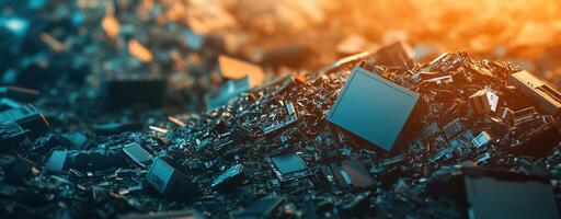 Massive pile of discarded electronics and circuit boards, highlighting e-waste. environmental issues photo