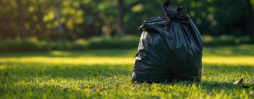 Garbage bag on green lawn. environmental pollution. cleanliness efforts. Park cleaning day. photo