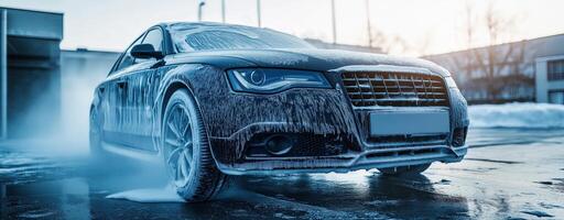 Car being washed with foam soap close-up, highlighting luxury vehicle cleanliness and thoroughness photo