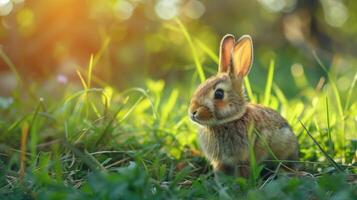 Cute little bunny sitting in green grass under bright sunlight looking away in a spring setting photo
