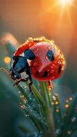 Close-up of a ladybug with water droplets on a plant stem in warm sunlight, macro detail photo