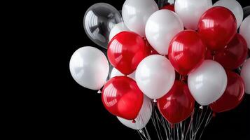 A big bunch of red and white balloons on a black background, Festive party atmosphere. Celebrations photo