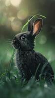 Cute black bunny sitting in grass with ears up looking away in soft sunlight on a grassy field photo