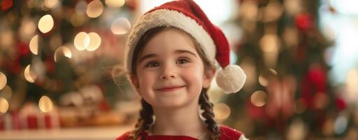 Smiling child in Santa hat with Christmas tree background. festive holiday atmosphere and joy photo