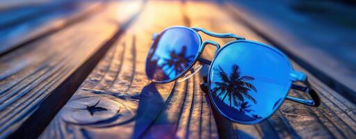 Close-up of stylish blue reflective sunglasses on wooden table at sunset, capturing summer vibes photo