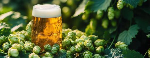 Cold glass of golden beer surrounded by fresh green hops. craft brewing and refreshment beverage photo