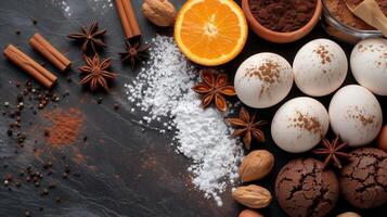 Baking ingredients on dark background with eggs, flour, cocoa, and cinnamon. holiday recipes photo