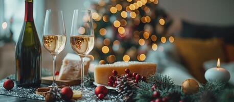 Festive holiday table with champagne glass and cheese, Christmas lights in background for cozy dining photo