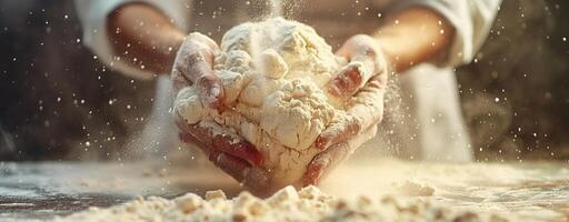 Hands kneading dough on floured surface, baking preparation process photo