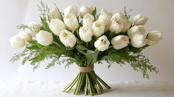 Elegant white tulip bouquet tied with twine on white background, natural beauty and simplicity photo