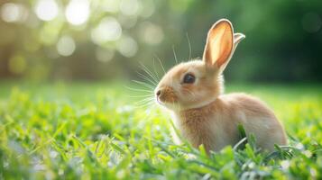 Cute little bunny sitting in green grass under bright sunlight looking away in a spring setting photo