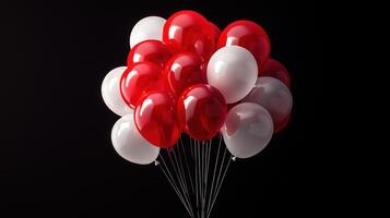 A big bunch of red and white balloons on a black background, Festive party atmosphere. Celebrations photo