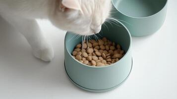 White cat eating dry food from a bowl in a close-up minimalist setting on a white background photo