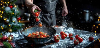 Hand dropping fresh tomatoes into skillet with festive decor, cooking Christmas dinner, vibrant scene photo