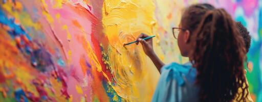 Closeup of African girl painting on canvas with vibrant colors, creative childhood activity photo