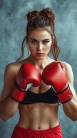 Confident female boxer with red gloves in strong stance, showing power, fitness, and determination photo