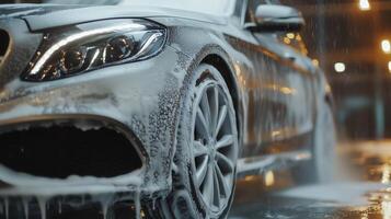 Car being washed with foam soap close-up, highlighting luxury vehicle cleanliness and thoroughness photo