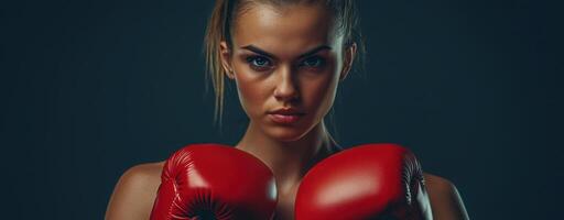 Confident female boxer with red gloves in strong stance, showing power, fitness, and determination photo