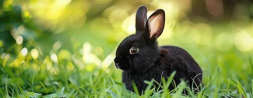 Cute black bunny sitting in grass with ears up looking away in soft sunlight on a grassy field photo