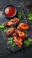 Hot and spicy BBQ chicken wings with dipping sauce on black slate plate, garnished with herbs photo