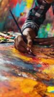 Close-up of a boy's hand painting a colorful abstract artwork on canvas showcasing creativity photo