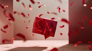 Red gift box with ribbon floating amidst falling confetti. festive celebration atmosphere. surprise photo