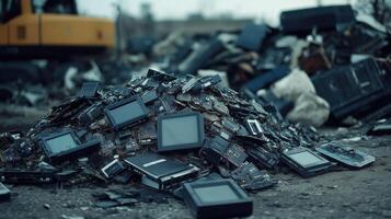 Massive pile of discarded electronics and circuit boards, highlighting e-waste. environmental issues photo