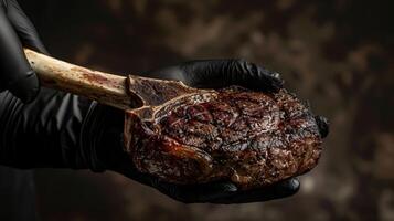Chef's hand in a black glove holding a grilled tomahawk steak on a dark background for meat lovers photo