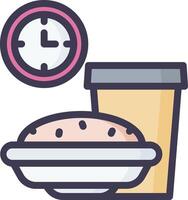 A cup of coffee and a bowl of cereal next to a clock vector