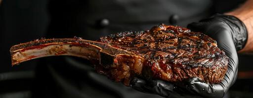 Chef's hand in a black glove holding a grilled tomahawk steak on a dark background for meat lovers photo