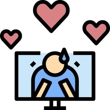 un hombre es sentado en frente de un computadora con corazones encima él vector