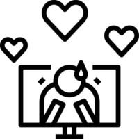 A black and white icon of a person sitting in front of a computer with hearts around them vector