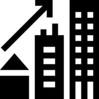 A black and white image of a building with an arrow vector