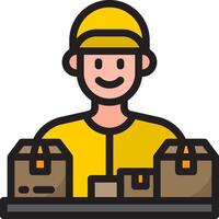 A man in a yellow hat with boxes on a table vector