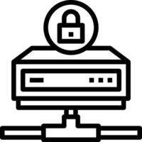 A black and white illustration of a computer with a padlock vector