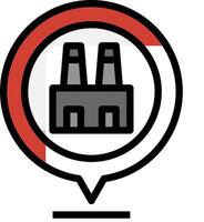 A red and white icon with a factory building vector