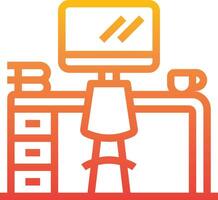 A computer desk with a chair and a cup of coffee vector