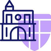 A purple and white icon of a building with a clock on it vector