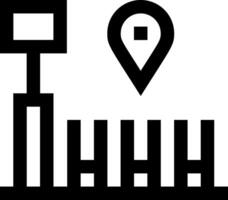 A black and white icon of a building with a map pointer vector