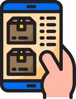 A hand holding a tablet with a box on it vector