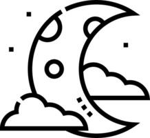 A black and white illustration of a crescent moon with clouds vector
