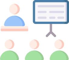 A presentation with people standing around a podium vector