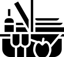 A black and white image of a basket with a bottle and fork vector