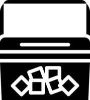 A black and white icon of a box with a stack of paper vector