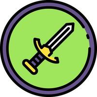 A green and purple button with a sword in it vector