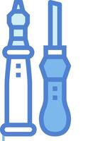 A blue and white drawing of a screwdriver and a light bulb vector