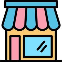 A colorful shop with a blue and pink awning vector