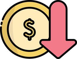 A dollar coin with an arrow pointing down vector