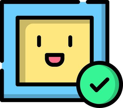 A smiley face with a tick mark next to a square vector